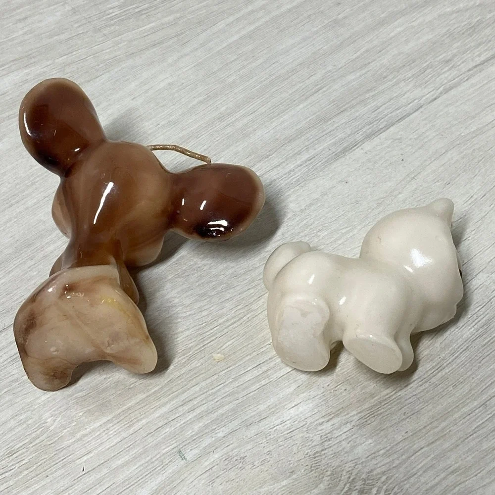 Vintage Animal Figurine Candles Set Brown Marbled Mouse and White Kitten Unused